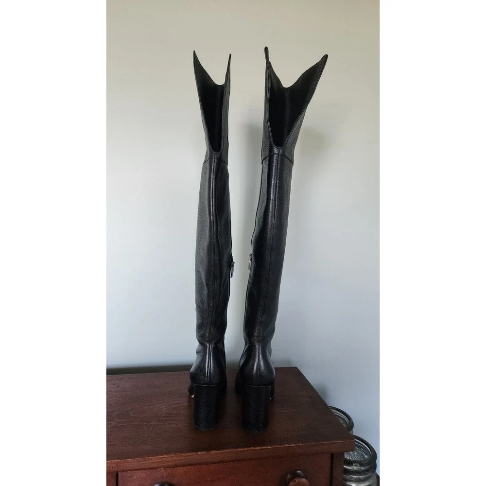 Via Spiga Beline Over The Knee Boots Black Pebbled Leather Block Heel Size 6 M